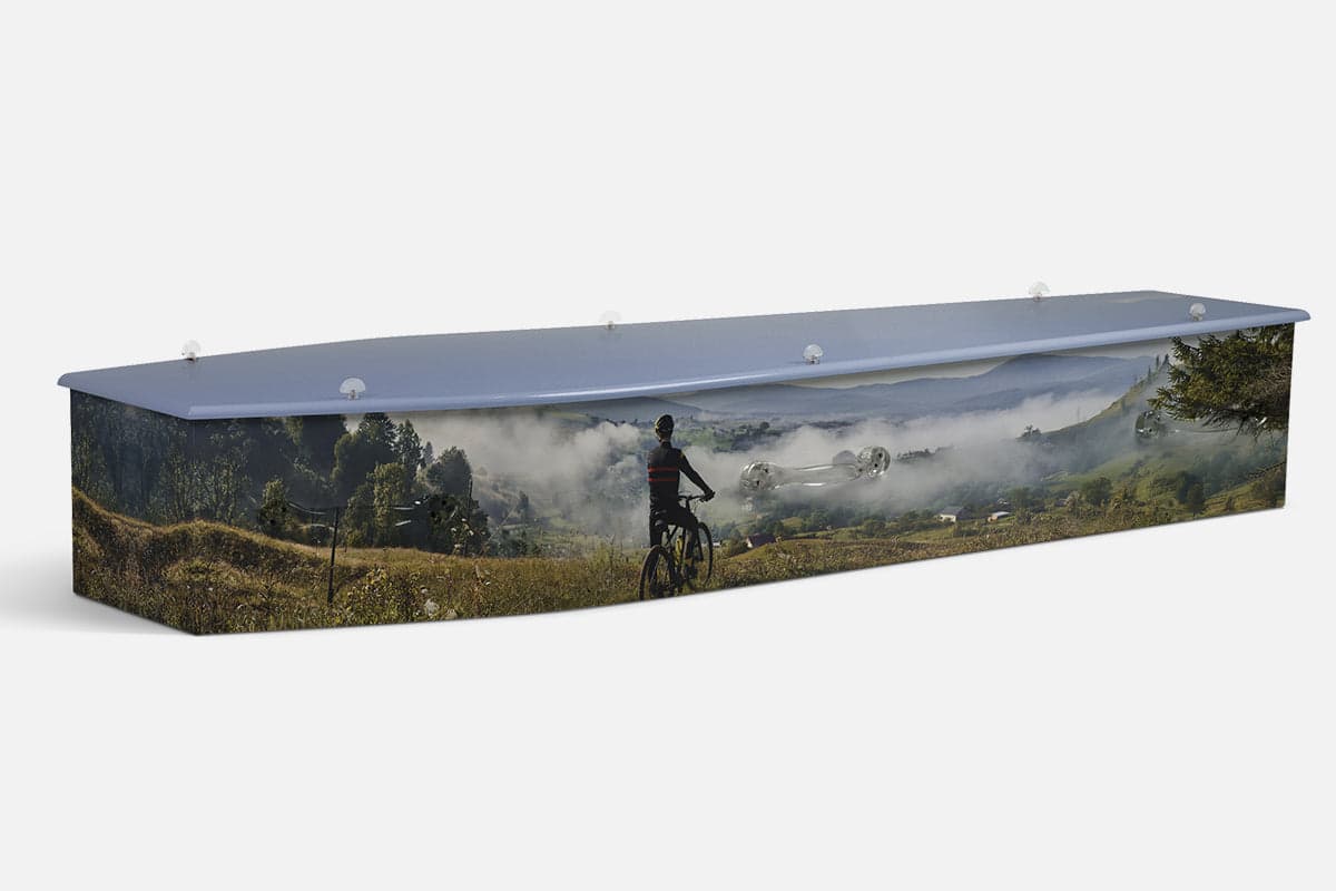 Mountain Biking personalised coffin by Lifestyle Coffins