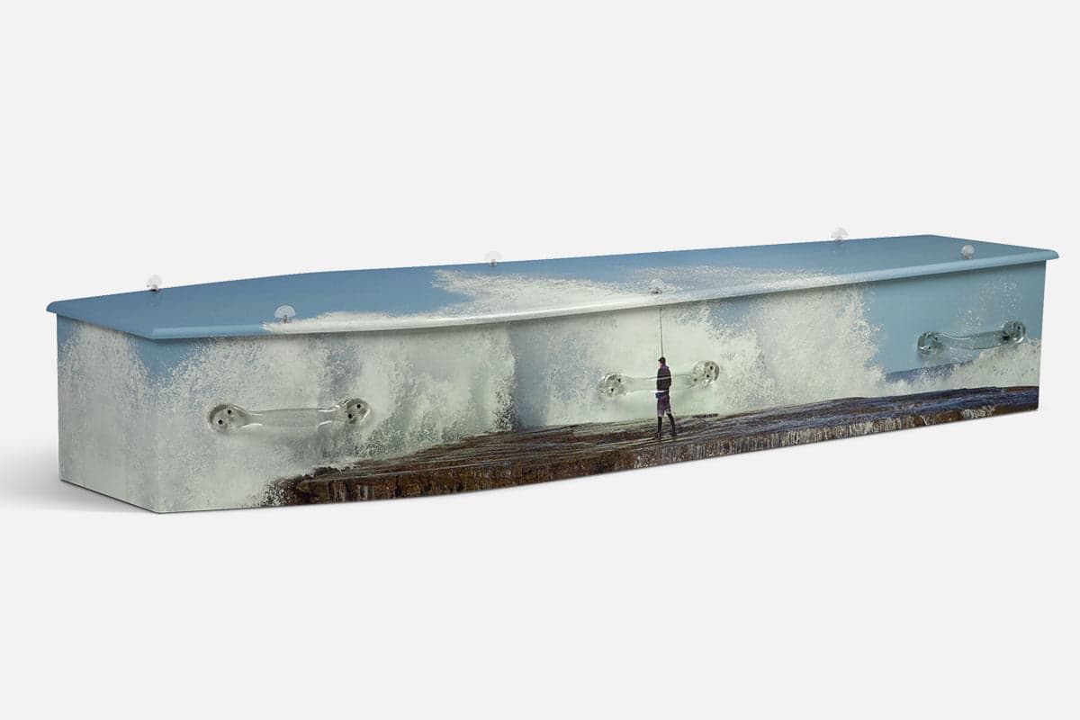 Rock Fishing personalised coffin by Lifestyle Coffins